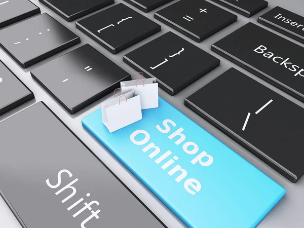 3d Shopping bag on computer keyboard. Online shopping concept. — Stock Photo, Image