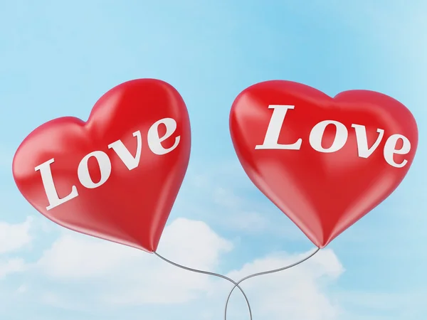 Palloncini di cuore rosso 3d. concetto di San Valentino nel cielo blu . — Foto Stock