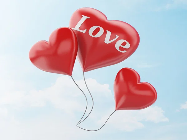 3D-rood hart ballonnen. Aftelkalender voor Valentijnsdag concept in de blauwe hemel. — Stockfoto