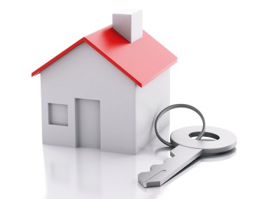 Beyaz arka plan üzerinde anahtarı ile ev. Emlak kavramı