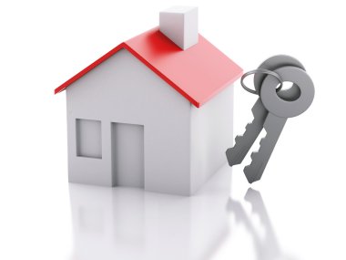 Beyaz arka plan üzerinde anahtarı ile ev. Emlak kavramı