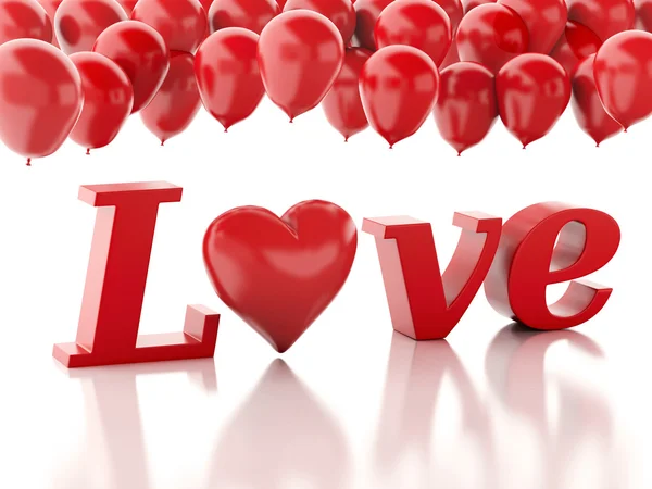 3D srdce červené lásky a balóny. Valentýna koncepce izolovaných — Stock fotografie