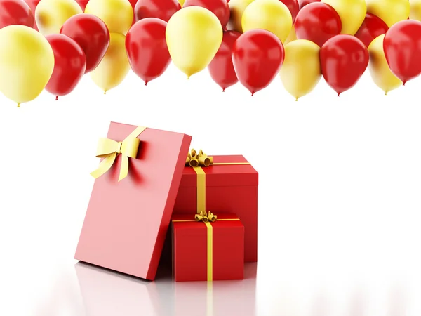 3D pudełko z czerwonymi i żółtymi balony na białym tle — Zdjęcie stockowe
