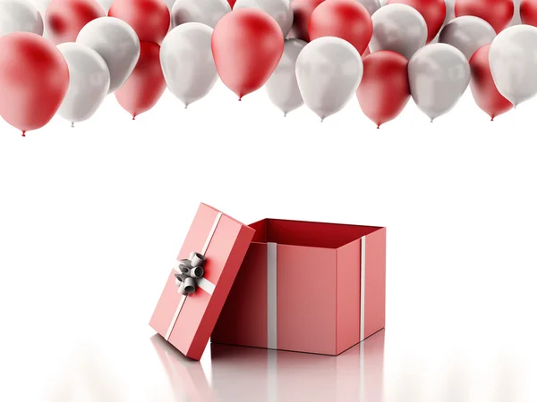 3D ανοικτή δώρο κουτί με κόκκινα και άσπρα μπαλόνια σε άσπρο φόντο — Φωτογραφία Αρχείου