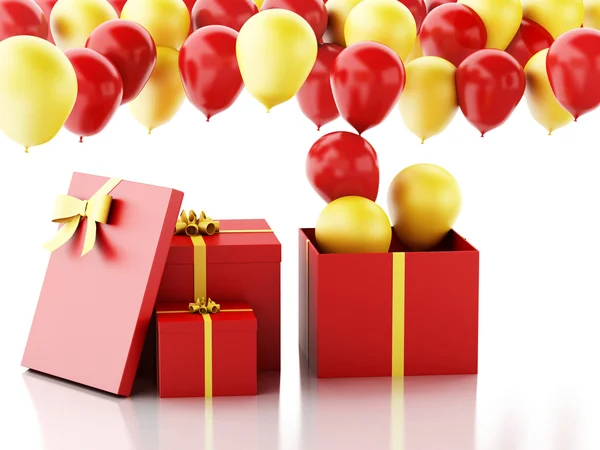 3D-Geschenkbox mit roten und gelben Luftballons auf weißem Hintergrund — Stockfoto