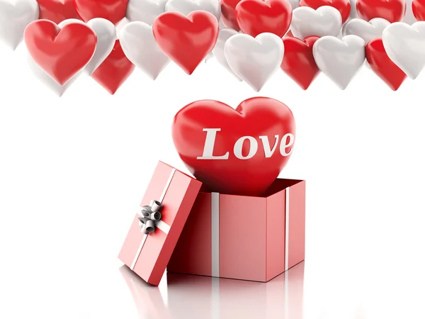 3d red heart in a gift box and Heart balloons. Valentines Day co — Stock Photo, Image