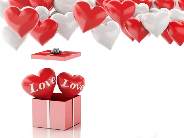 Cuore rosso 3d in una confezione regalo e palloncini Cuore. San Valentino co — Foto Stock