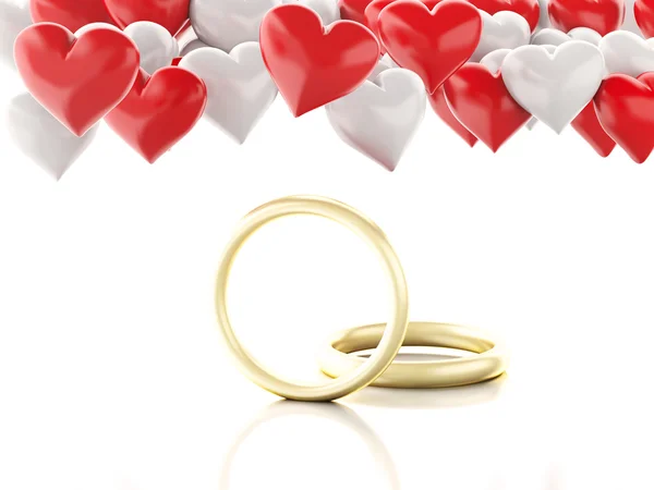 3D χρυσό δαχτυλίδι και μπαλόνια καρδιά. Ημέρα του Αγίου Βαλεντίνου έννοια. — Φωτογραφία Αρχείου