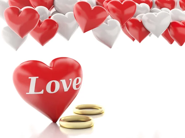 3d anel de ouro e balões de coração. Conceito do Dia dos Namorados . — Fotografia de Stock