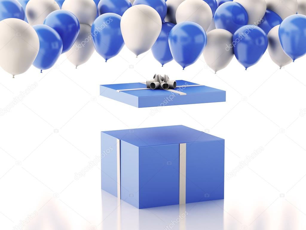 3d Open gift box with blue and white baloons on white background