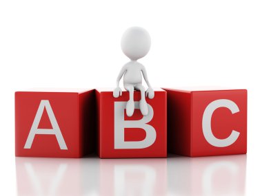 Beyaz arka plan üzerinde Abc küpleriyle 3D beyaz insanlar.