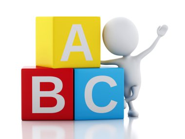 Beyaz arka plan üzerinde Abc küpleriyle 3D beyaz insanlar.