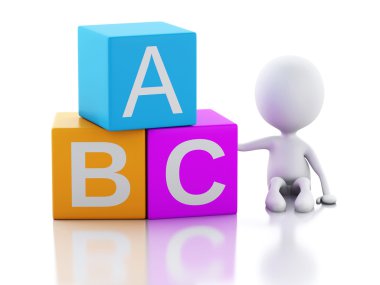 Beyaz arka plan üzerinde Abc küpleriyle 3D beyaz insanlar.