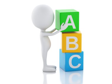 Beyaz arka plan üzerinde Abc küpleriyle 3D beyaz insanlar.