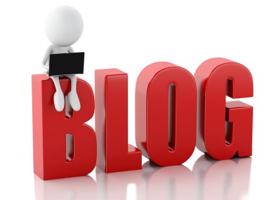 laptop ve blog işareti ile 3D adam. Haber kavramı üzerinde beyaz backgrou