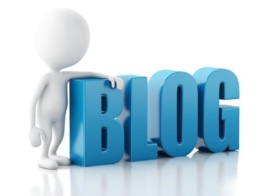 3D adam blog işareti ile. Beyaz arka plan üzerinde haber kavramı