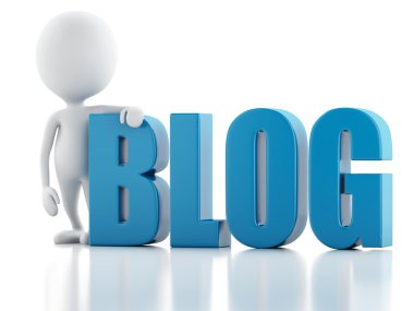 3D adam blog işareti ile. Beyaz arka plan üzerinde haber kavramı