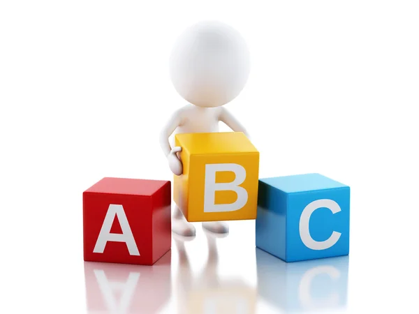 3d white people with ABC cubes on white background. — Stock Photo, Image