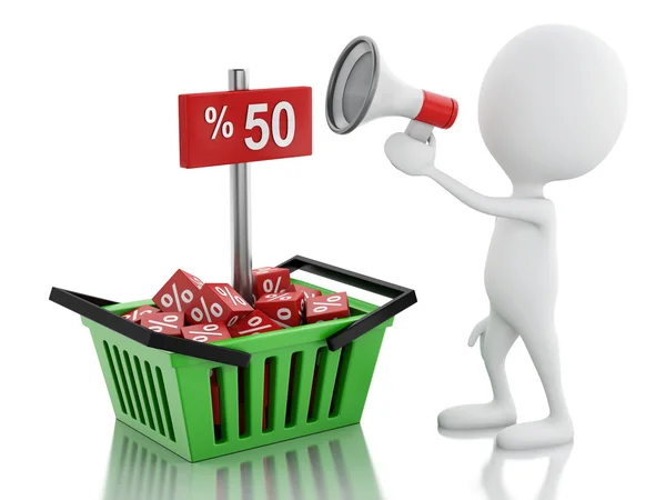 3D-man verkoop aankondiging met megafoon en winkelmandje. — Stockfoto