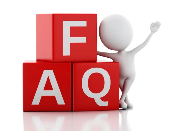 3d white person standing next to FAQ on white background — Stock Photo, Image