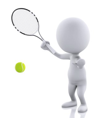 Tenis raket ve top ile 3D beyaz insanlar. İzole beyaz arka