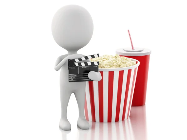 3d white man with clapper board, popcorn and drink. — Stock Photo, Image