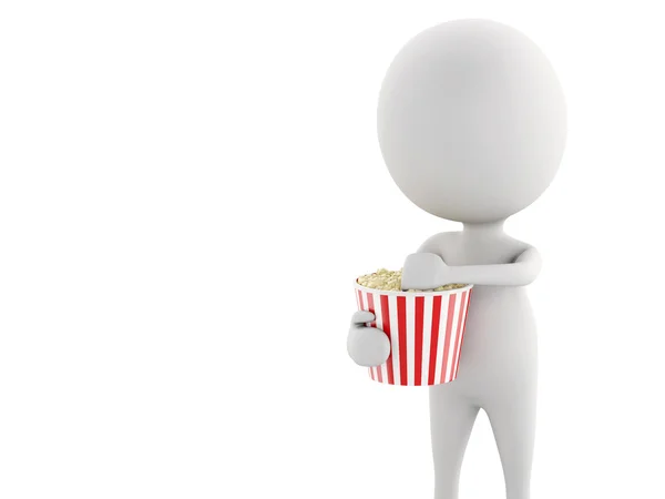 3d white man with popcorn isolated white background — Stock Photo, Image