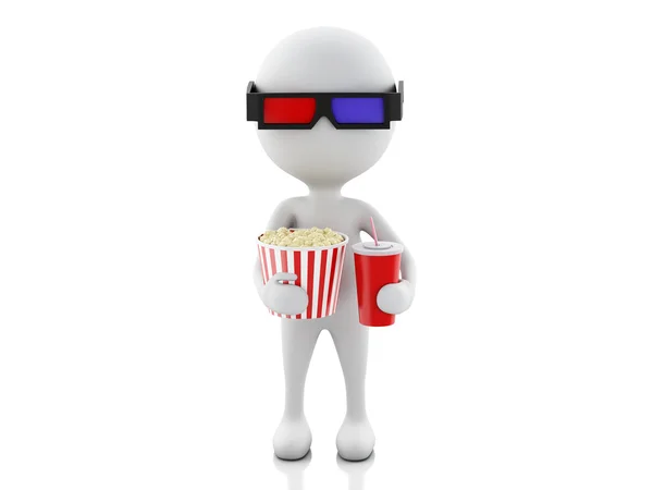 3d white man with 3d glasses, drink and popcorn. — Stock Photo, Image