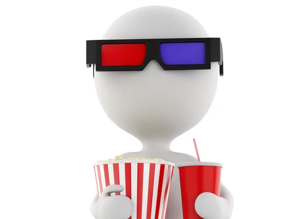 3d white man with 3d glasses, drink and popcorn, isolated white — Stock Photo, Image