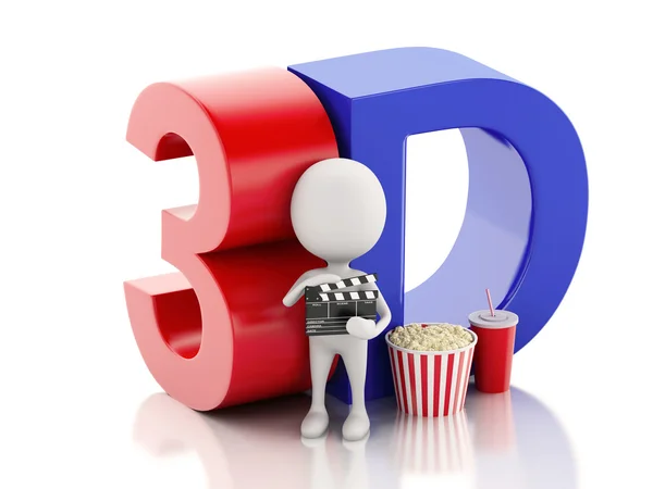 White man with cinema clapper, popcorn, drink and 3d glasses — Stock Photo, Image