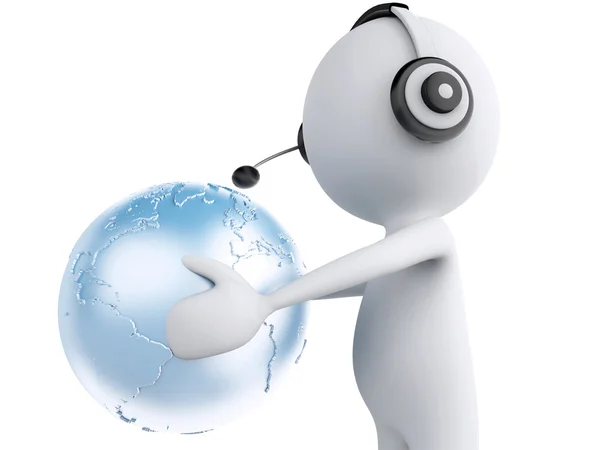 Kulaklıklar ve dünya küre 3D beyaz insan. Global communic — Stok fotoğraf