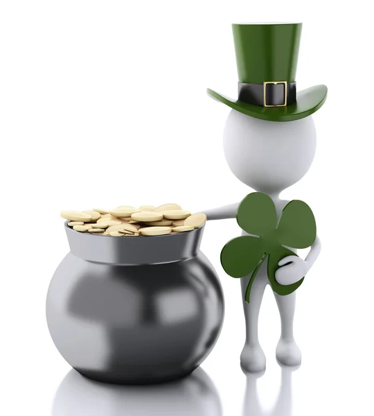 3d pessoas brancas com pote com moedas de ouro. St patricks dia conjecturar — Fotografia de Stock