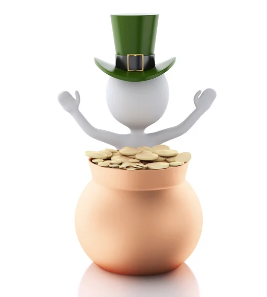 3d white people with pot with gold coins. St patricks day concep — Stock Photo, Image