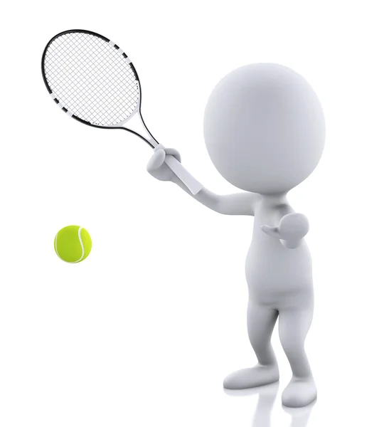 3D λευκούς ανθρώπους με ρακέτα του τένις και μπάλα. Απομονωμένο πίσω λευκό — Φωτογραφία Αρχείου
