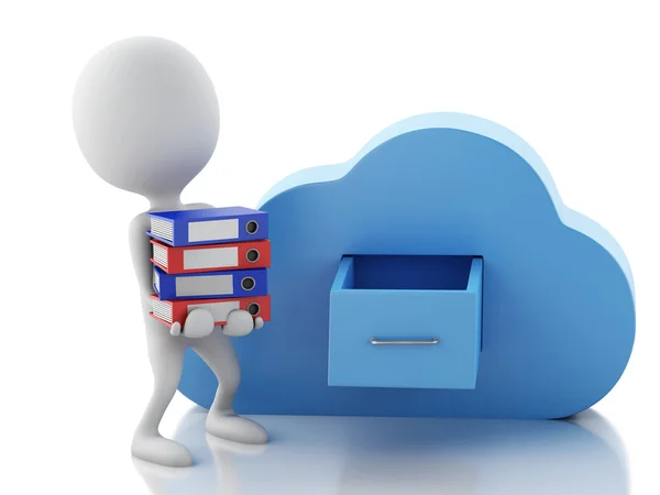 Persone bianche 3d con archiviazione di file e cloud. Cloud computing con — Foto Stock