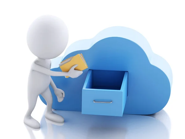 Persone bianche 3d con cartelle e cloud. Concetto di cloud computing . — Foto Stock