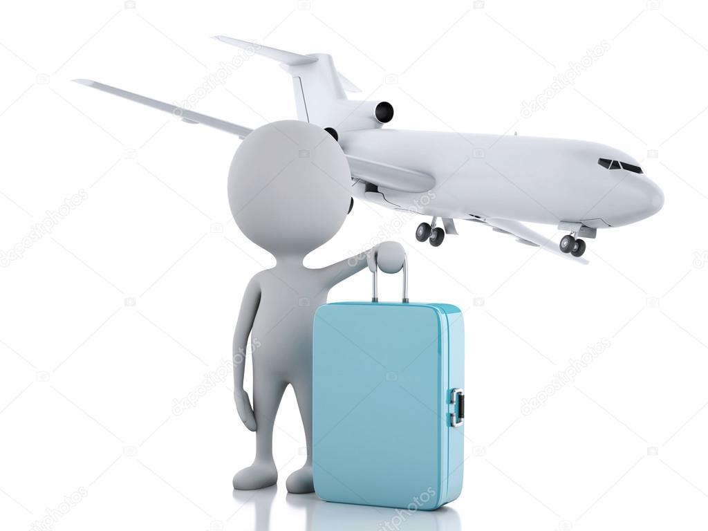 3d white people tourist with suitcases and a airplane. Travel co