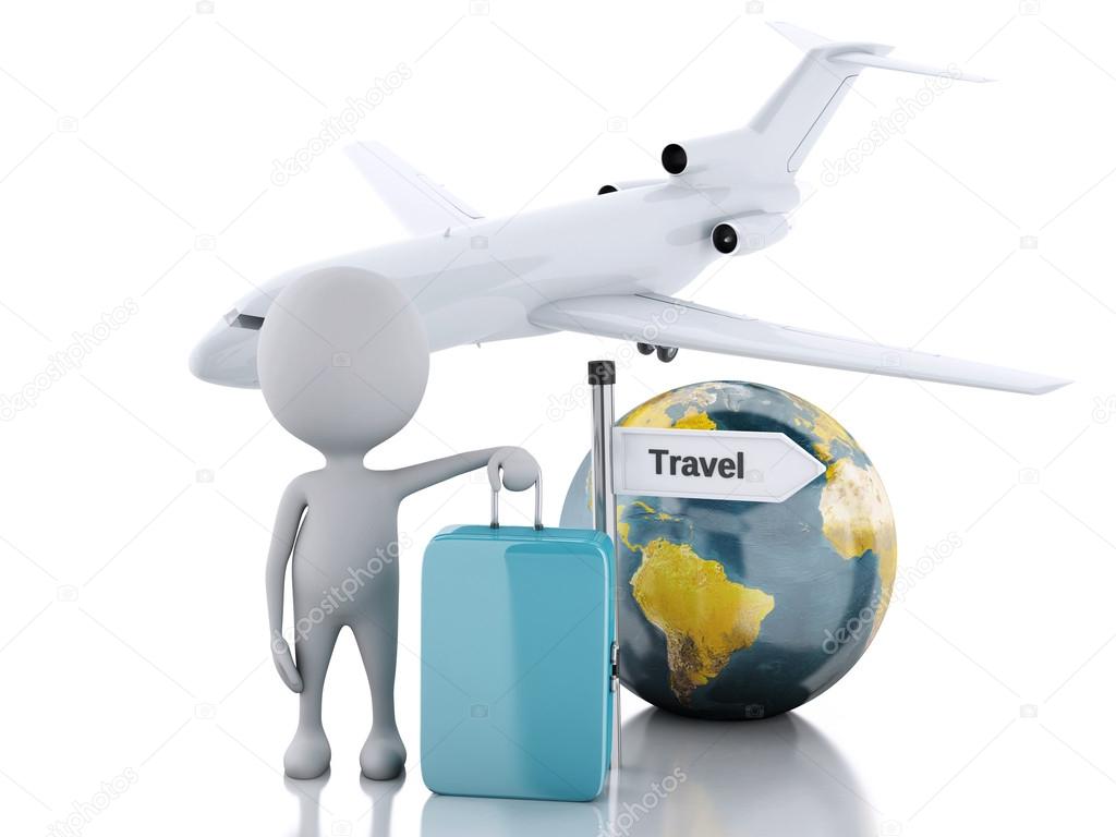 3d white people tourist with suitcases and a airplane. Travel co