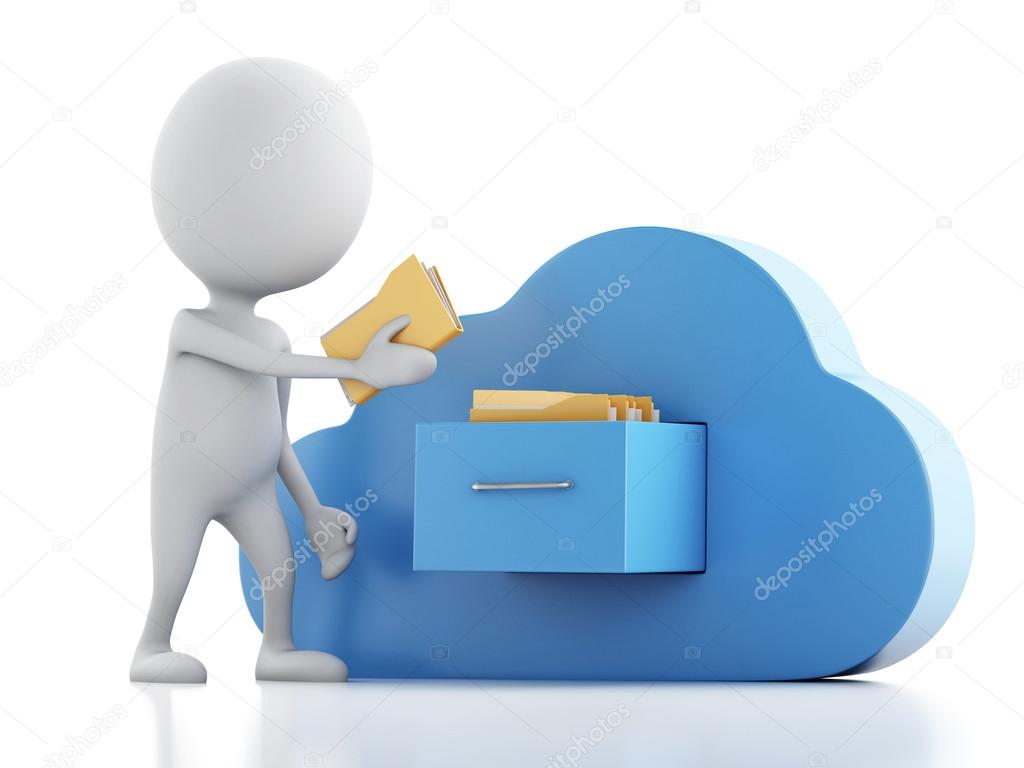 3d white people with folders and cloud. Cloud computing concept.