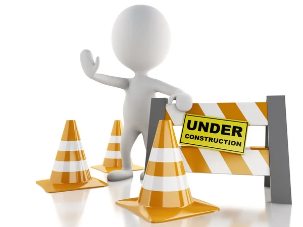 3d white people stop sign with traffic cones. Under construction — Stock Photo, Image