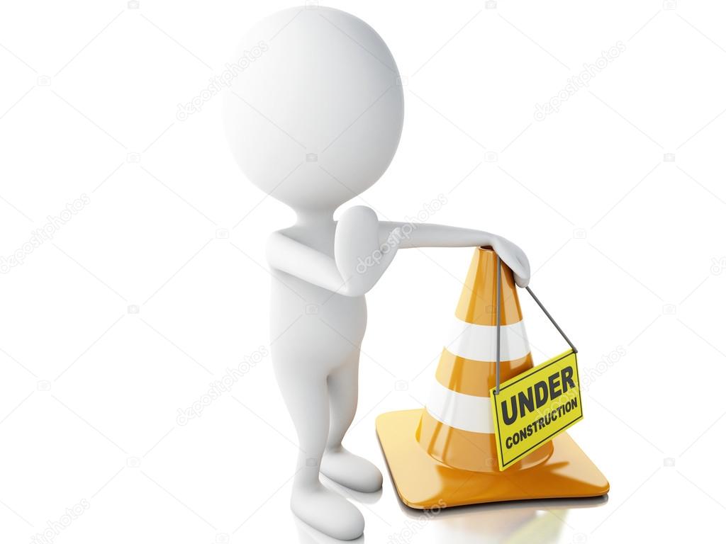 3d white people stop sign with traffic cones. Under construction