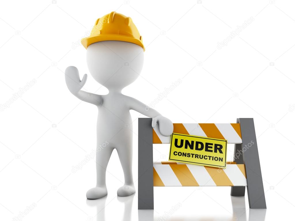 3d white people stop sign with Helmet. Under construction concep