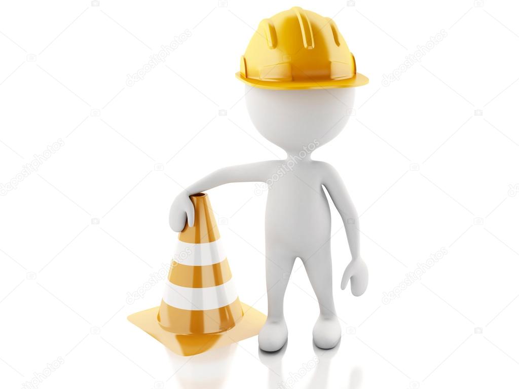 3d white people stop sign with helmet and traffic cones.