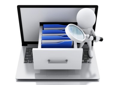 3d white people with Laptop and folders. clipart