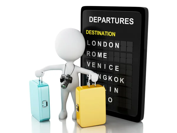 3d orang turis dengan koper perjalanan dan papan bandara — Stok Foto