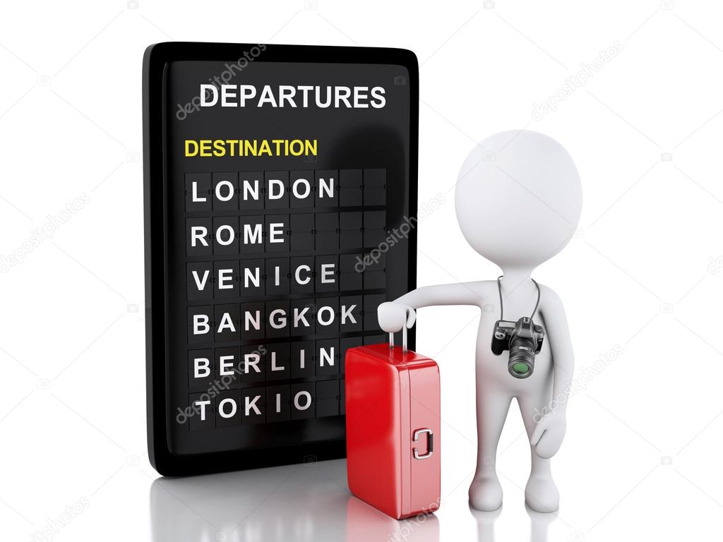  3d man tourist with travel suitcases and airport board