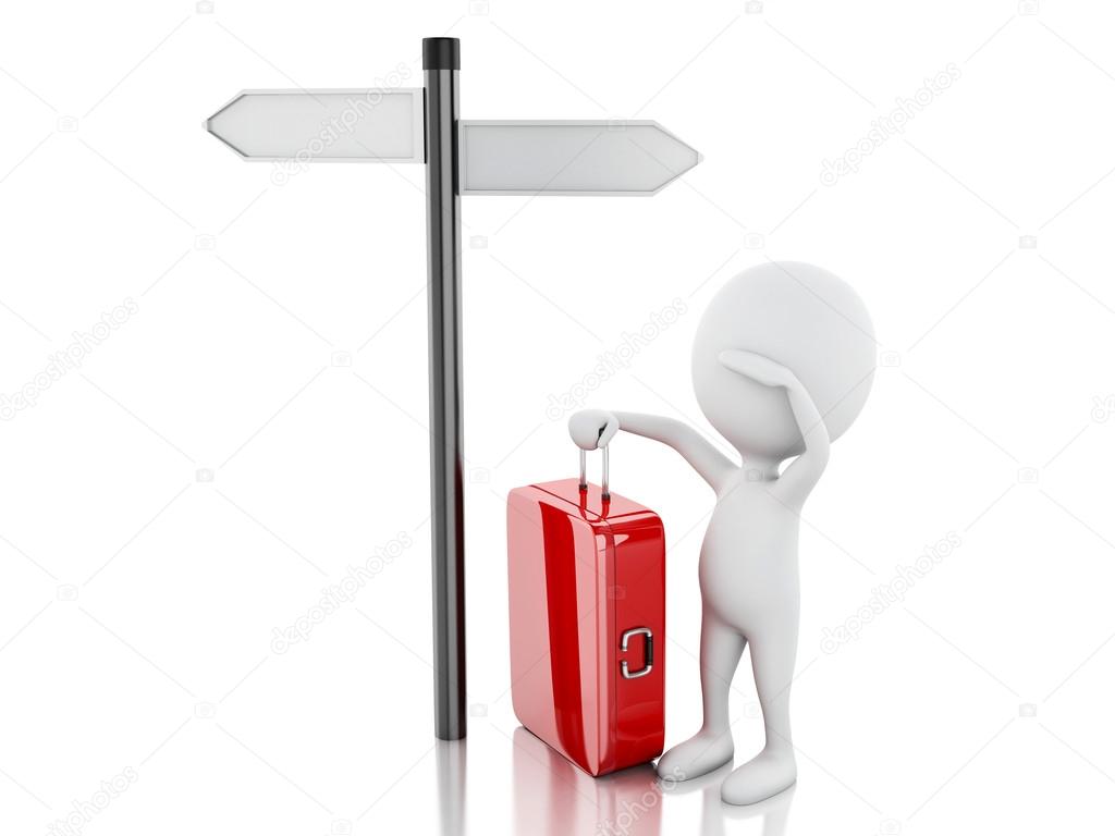 3d white people with travel suitcase and blank road sign.