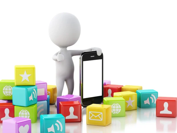 3d pessoas com telefone celular e ícones de aplicativos no fundo branco . — Fotografia de Stock