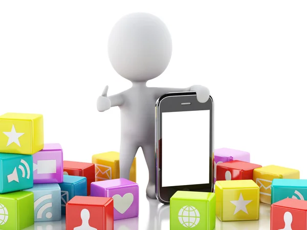 3D människor med mobiltelefon och app ikoner på vit bakgrund. — Stockfoto