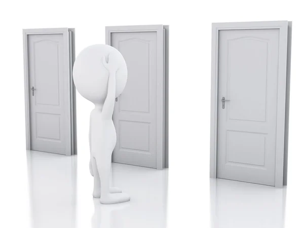 3d white people and three doors, doubtful. Choice concept — Stock Photo, Image